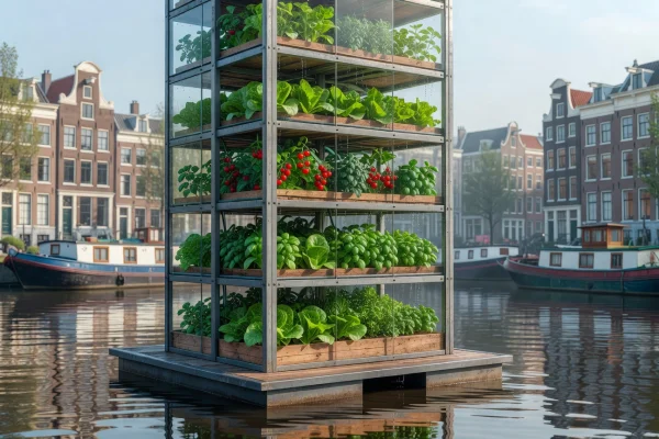 Innovative floating vertical farm structure on an Amsterdam canal with growing racks visible