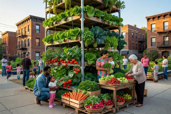 Community vertical farm in a Chicago neighborhood with families visiting and fresh produce on display
