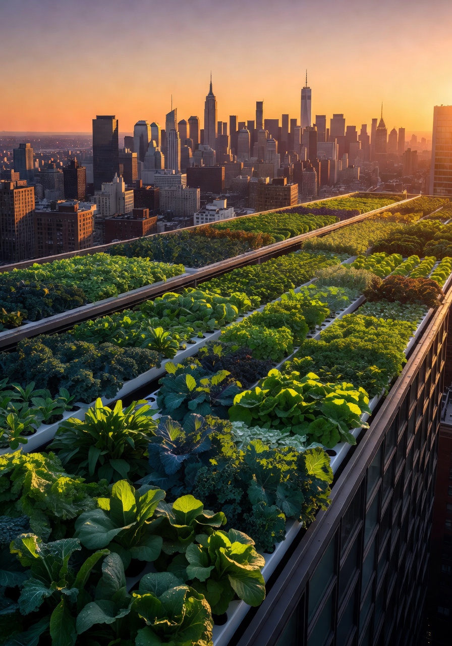 Rooftop vertical farm with lush green rows on a Manhattan building overlooking the city skyline at sunset