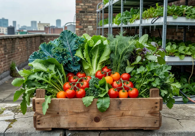Wooden delivery box overflowing with fresh leafy greens, herbs, and cherry tomatoes from an urban vertical farm