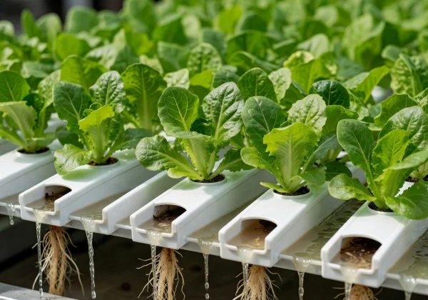 Close-up of hydroponic NFT channels with rows of lettuce plants and visible nutrient solution flowing beneath roots
