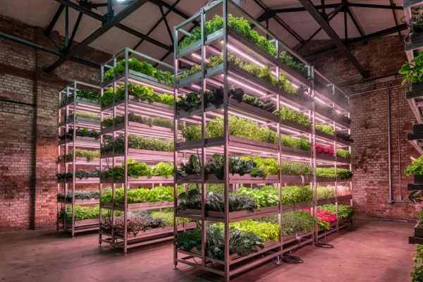 Interior of a converted London warehouse with towering vertical grow racks and pink LED lighting