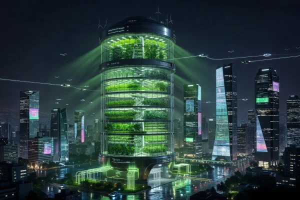 Futuristic vertical farm tower in Seoul's smart city district glowing green at night