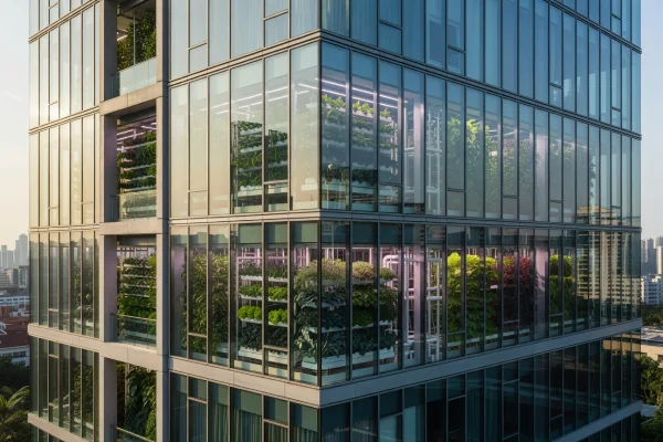 Modern Singapore high-rise building with integrated vertical farm visible through glass walls on multiple floors