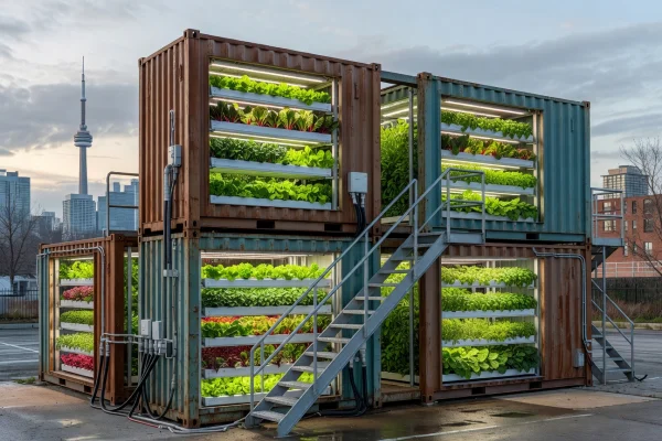 Row of modified shipping containers in Toronto configured as modular vertical farm units