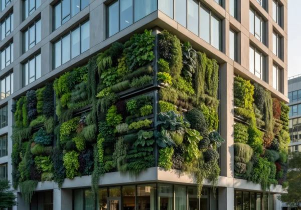 Modern urban building exterior featuring integrated vertical farm walls with living plants growing across multiple floors