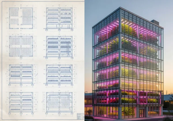 Split view showing architectural blueprint on left and 3D render of completed vertical farm on right
