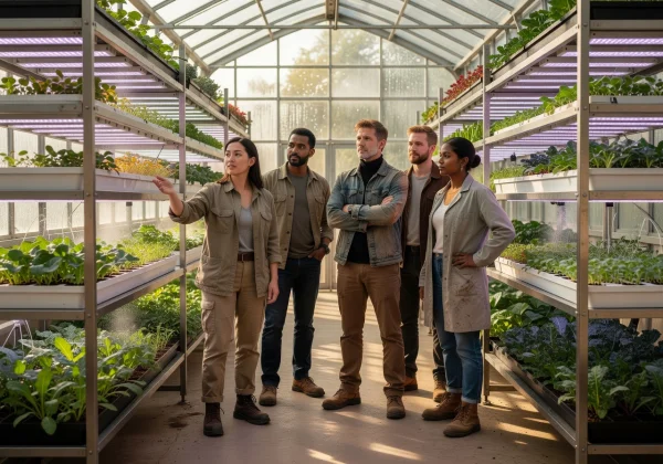 Founding team of playalliancepopo.cyou standing in a greenhouse laboratory surrounded by vertical growing racks and seedlings