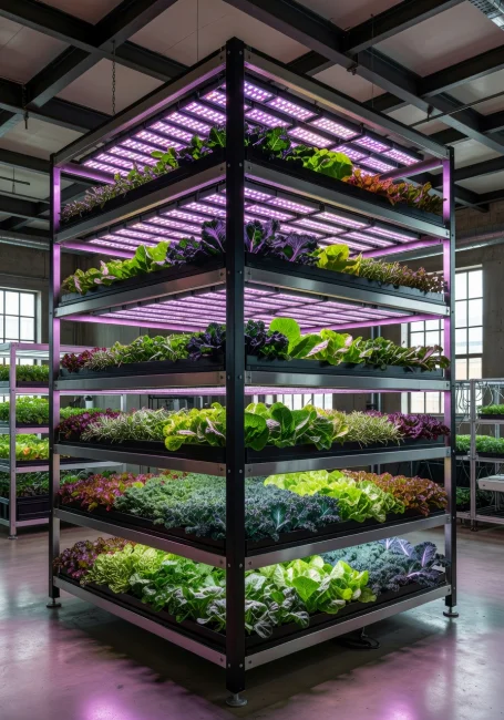 Multi-level vertical farm tower with LED grow lights illuminating rows of fresh leafy greens inside an urban building